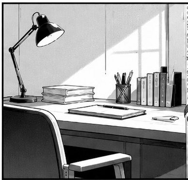 Manga-style illustration of a desk with a lamp and books