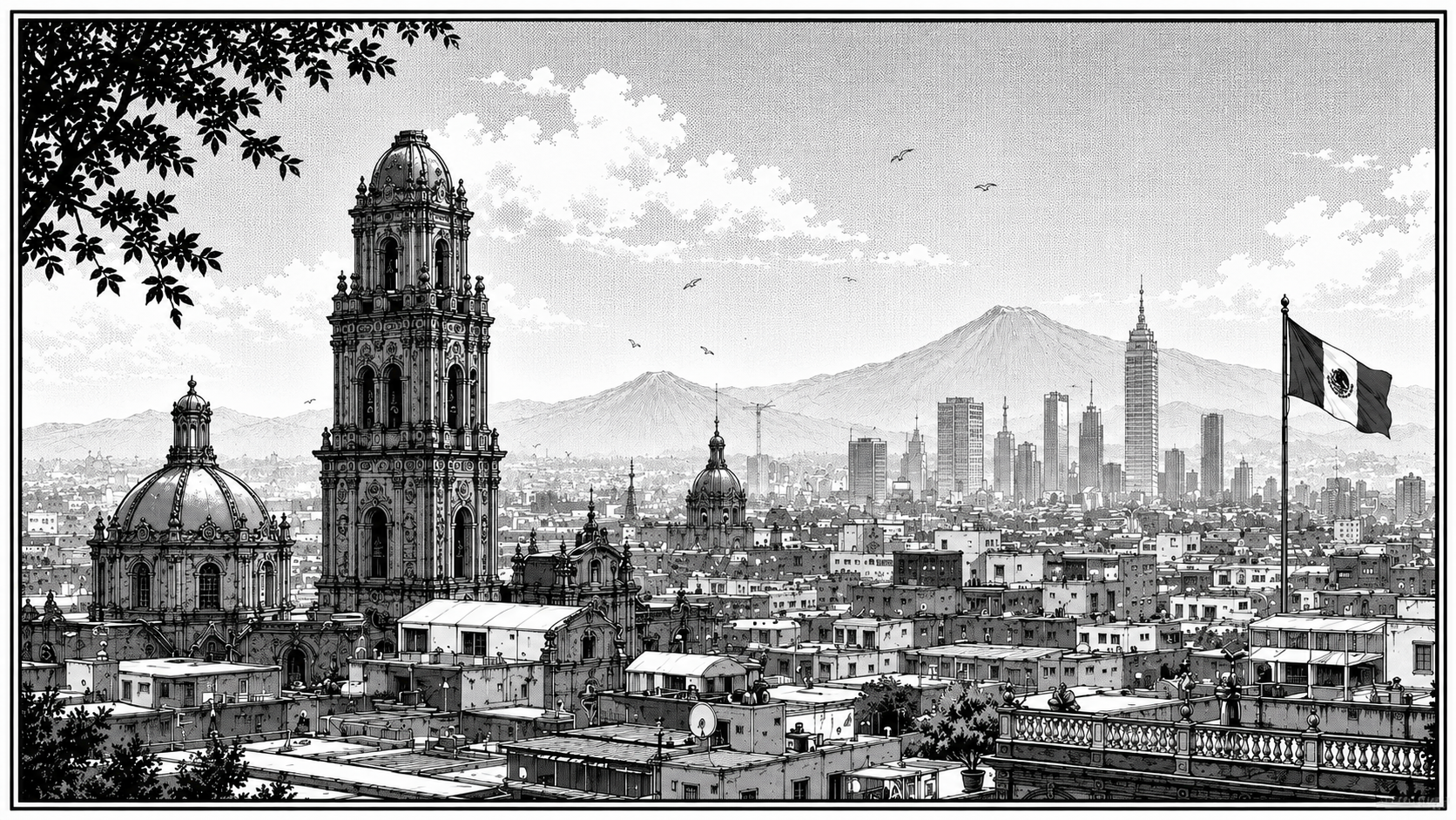 Manga-style illustration of a clock tower over a city skyline