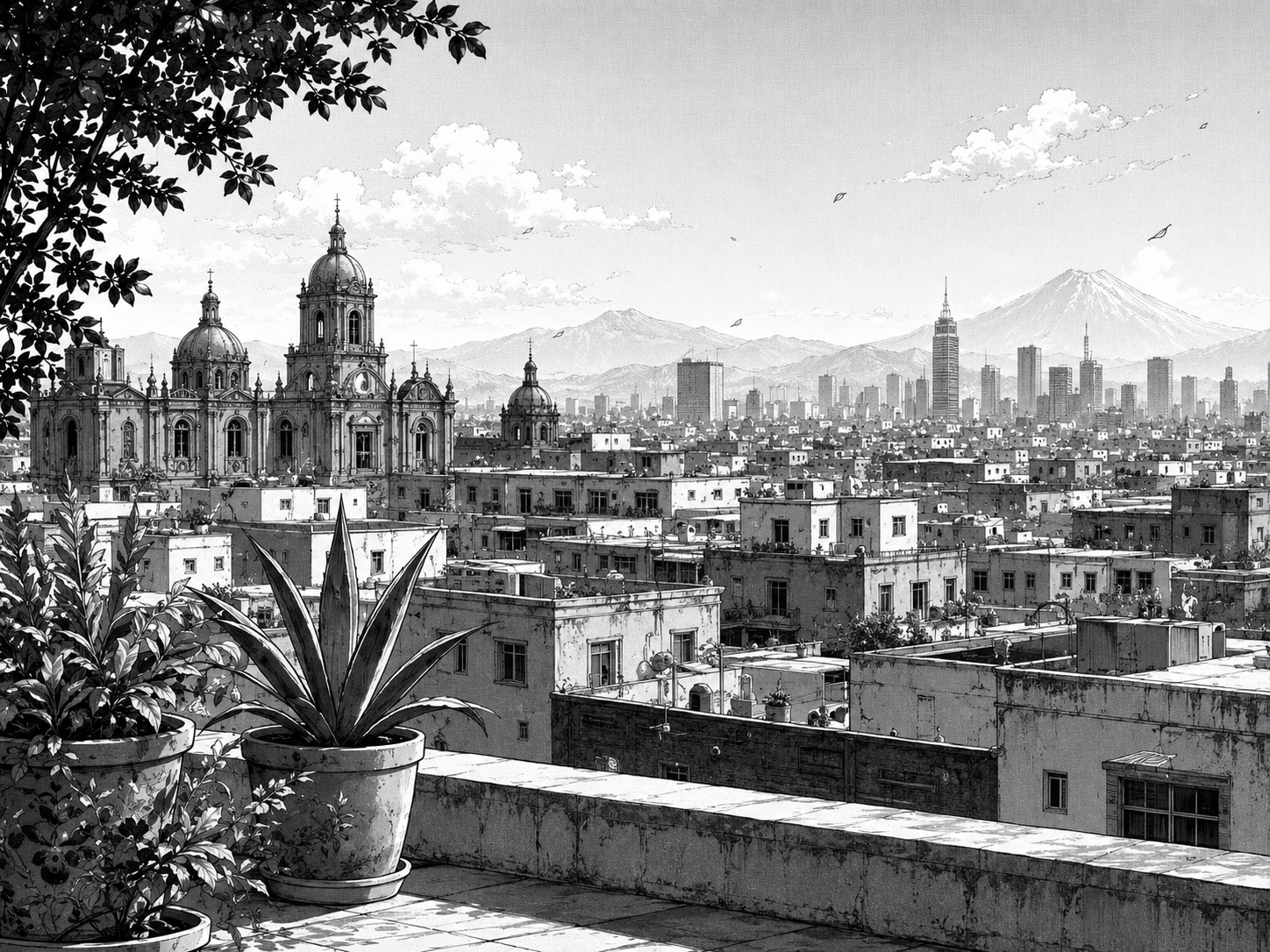 Manga-style illustration of a city skyline framed by foliage
