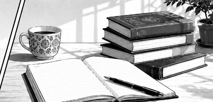 Manga-style illustration of an open notebook, pen, coffee, and stacked books